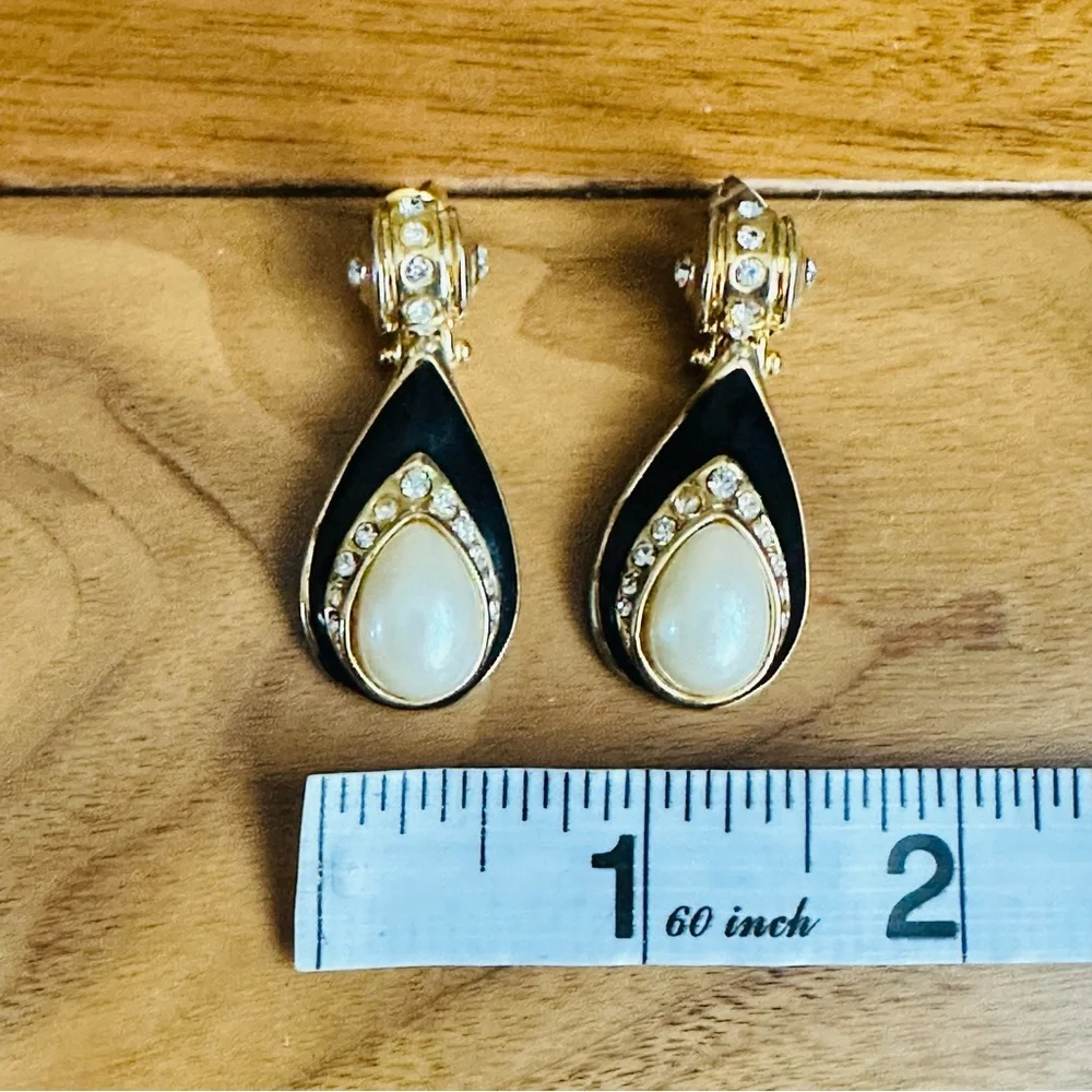 Vintage Tear Drop Earrings Faux Pearl Rhinestone Enamel